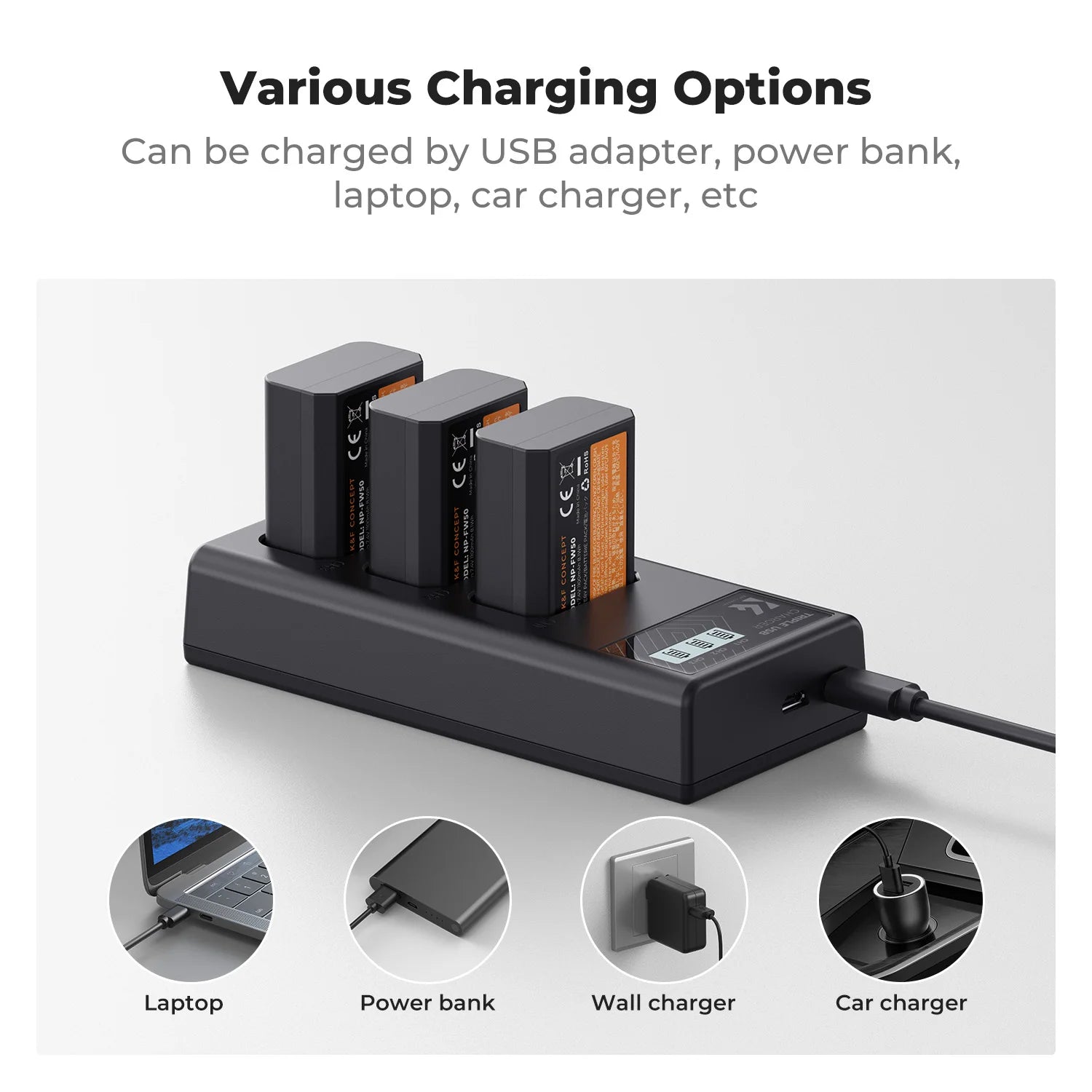 Cargador K & F Concept NP-FW50, cargador de batería de ZV-E10 de 3 ranuras con pantalla LCD para cámaras Sony A6400 A6600 ZV-E10 A7 A7ii